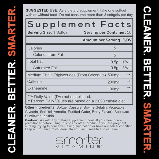 SmarterVitamins 200mg Caffeine Pills - MCT Oil from 100% Coconuts + 100mg L-Theanine Energy and Focus Extended Release Capsule 50 Liquid Softgels