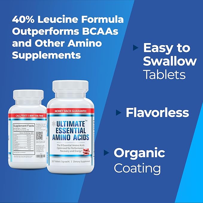 Ultimate Essential Amino Acids Supplement for Cutting Fasting &amp Workouts | All 9 EAAs 3000mg | 40% Leucine 4:1:1 BCAA Ratio | Binder-Free with Organic Coating | Vegan Keto Non-GMO | 300 Table