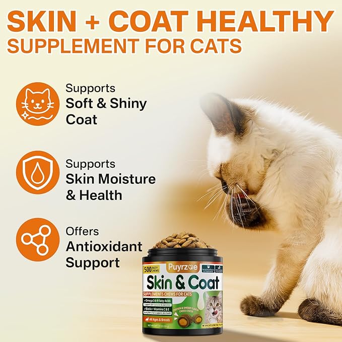 Puyrzoe Lysine for Cats Drops + Skin &amp Coat Chews Respiratory &amp Immune Support + Coat Shine &amp Skin Hydration – Liquid Lysine 60ml + 500 Fur Care Chews with Omega-3-6-9 Vitamins C &amp E