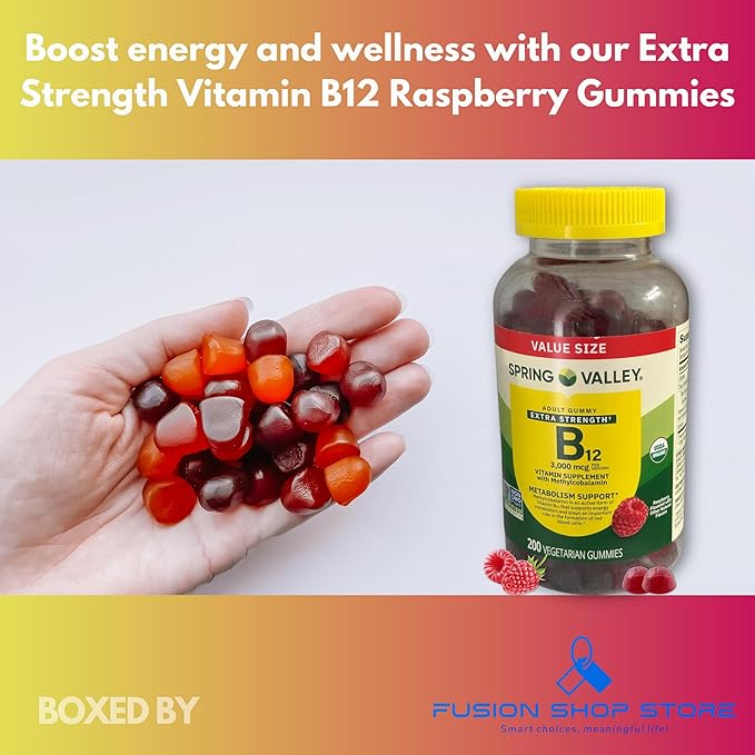 Vitamin B12 Gummies Raspberry Flavor- Extra Strength 3000 mcg Vegetarian 200 Count (Pack of 1) Boxed by Fusion Shop Store