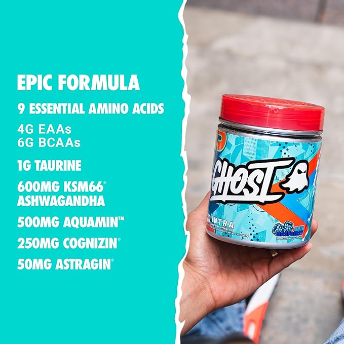 GHOST Intra Workout Powder Blue Raspberry - BCAAs &amp EAAs Nootropics &amp Hydration - Essential &amp Branch Chain Amino Acids Supports Muscle Recovery &amp Focus - Pre Intra &amp Post Work
