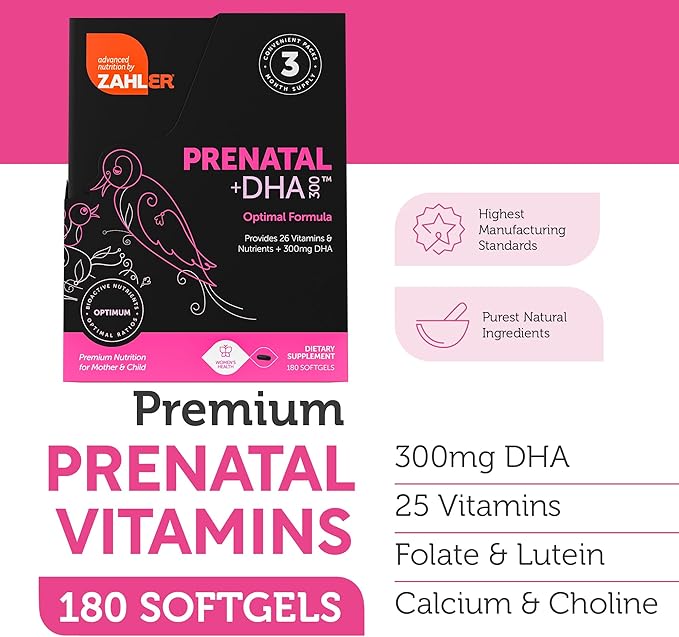 Zahler Prenatal Vitamin with DHA &amp Folate - DHA Supplements &amp Prenatal Multivitamin for Mother and Child - Kosher Prenatal DHA Prenatal Vitamins with Iron Pre Natal Softgels (180 Count (Pack