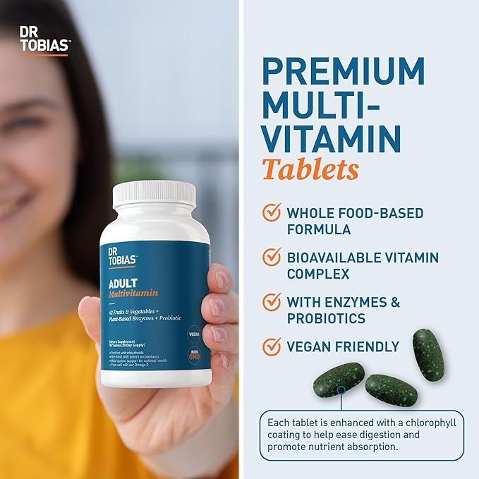 Dr. Tobias Adult Multivitamin for Women &amp Men - Immune Supporting Vitamins from 42 Fruits Vegetables Plus Probiotics Vegan Multivitamins for Men &amp Women - Non-GMO (90 Tablets 30 Servings)
