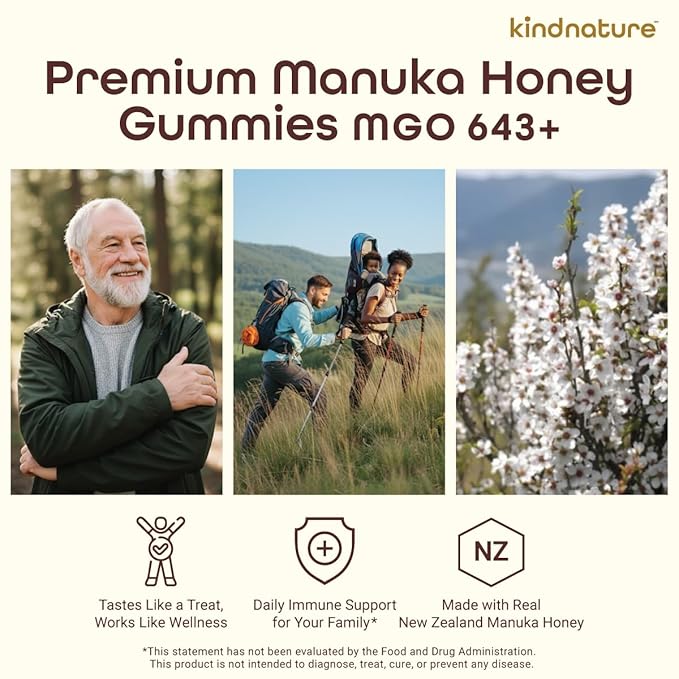 KINDNATURE Manuka Honey Medical Grade Gummies MGO 643+ - New Zealand Manuka Honey with Zinc Vitamin C Elderberry - Throat Comfort &amp Immune Support - Kids &amp Adults