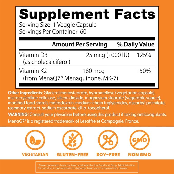 Doctor's Best Natural Vitamin K2 MK-7 Plus D3 - VIT D3 and K2 MK7 Supplement for Men &amp Women Supports Tissue Artery &amp Bone Health Non-GMO Gluten Free Soy Free Vegetarian - 60 Veg Caps