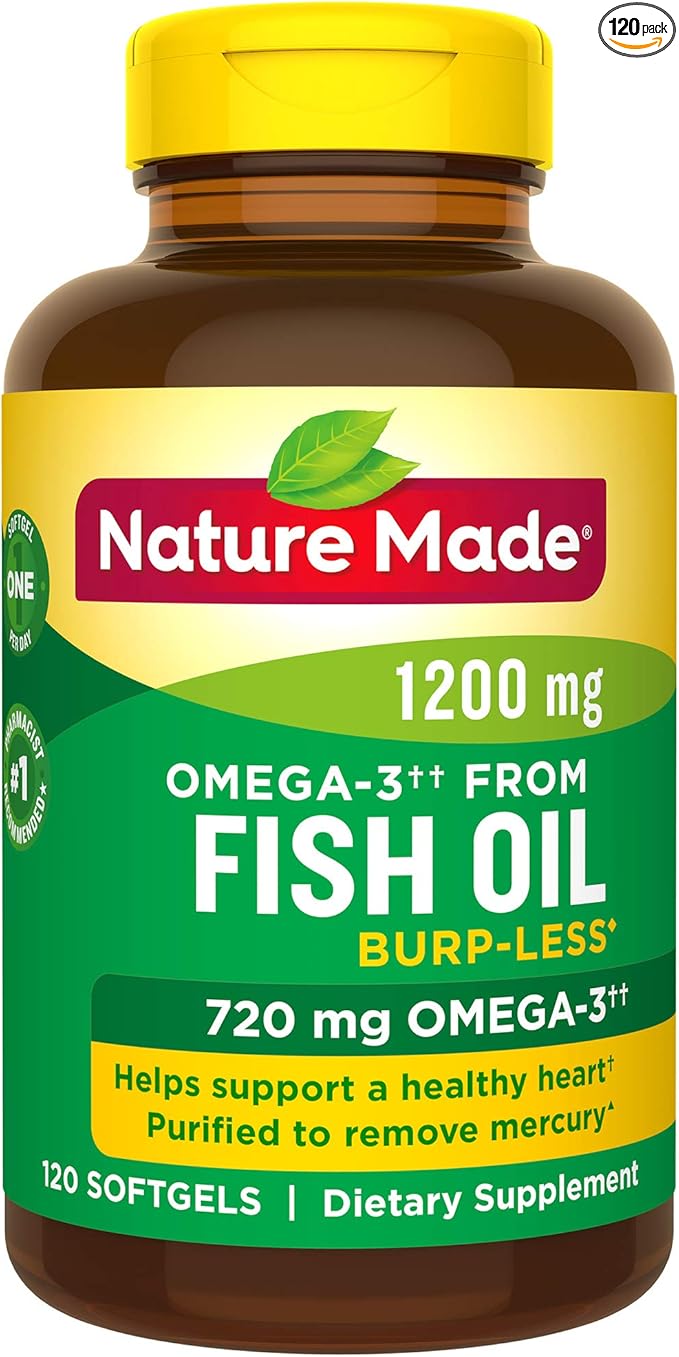Burp-Less Fish Oil 1200 mg One Per Day 120 Softgels Fish Oil Omega 3 Supplement For Heart Health