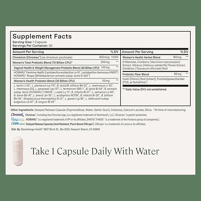 Stonehenge Health Biotics for Women Probiotic 70 Billion CFU 24 Strains + Prebiotic Fiber Weight Management Mood Digestive Vaginal &amp Immune Support Non-GMO 30 Delayed-Release Veg Caps (2 Pa
