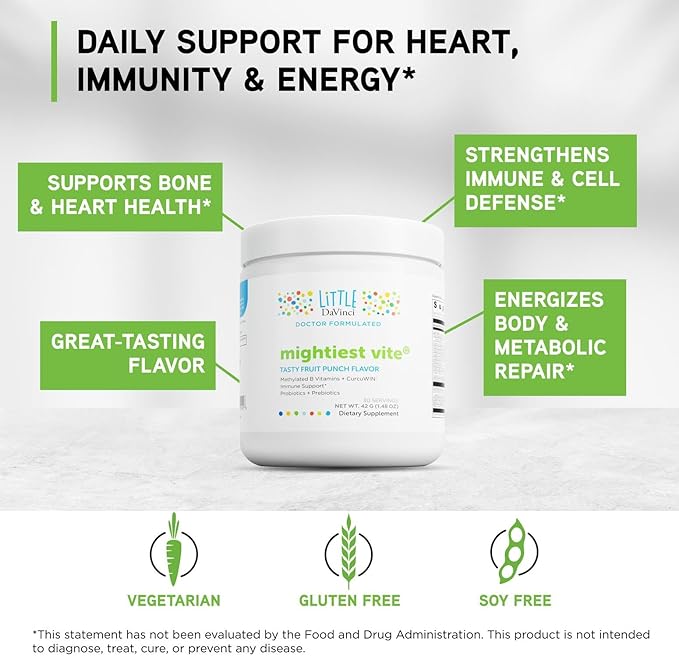 DAVINCI Little Mightiest Vite - Multivitamin for Kids with Probiotics &amp Prebiotics - Supports Immune System Function Gut Health &amp Brain Health* - Fruit Punch Flavor - 30 Servings (42 g)