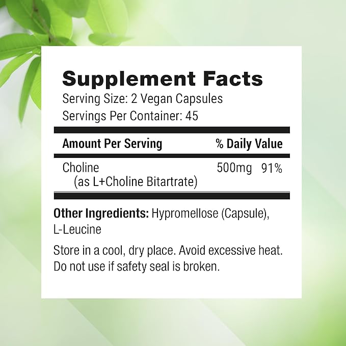 Nested Naturals Choline Bitartrate 500mg - High Potency Choline Supplements - Supports Maternal &amp Fetal Health During Pregnancy* - 100% Vegan &amp Non-GMO - 2-Pack (180 Vegan Capsules)