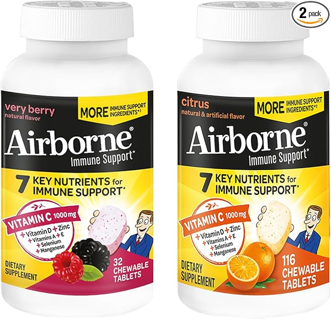 Airborne 1000mg Vitamin C + Zinc Immune Support Supplement Chewable Tablets Very Berry &amp Citrus Flavor with Powerful Antioxidants Vitamins A C &amp E 116 Chewable Tablets (Very Berry + Citrus)