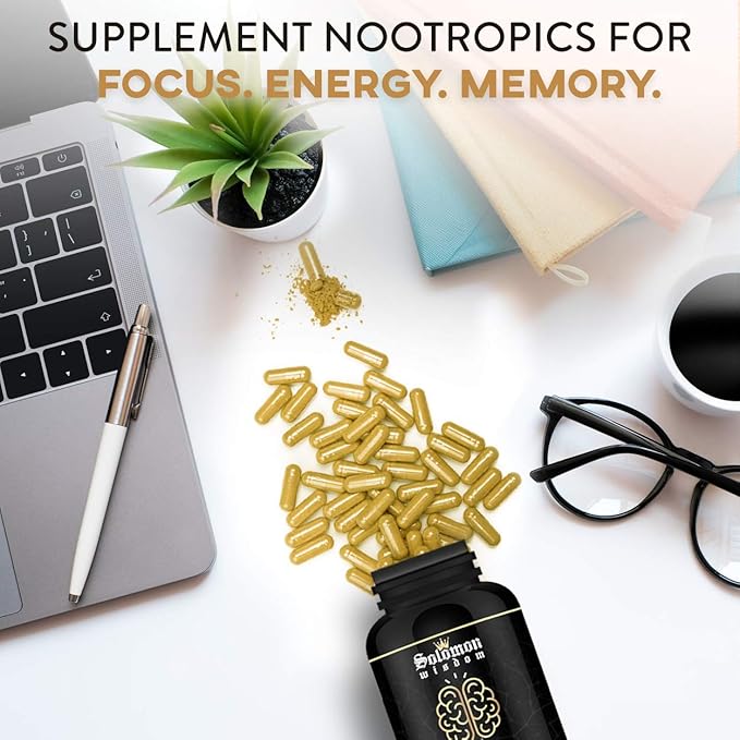 SOLOMON WISDOM Brain Booster – Nootropic Dietary Supplement for Memory Boost – 60 All-Natural Capsules to Enhance Focus &amp Improve Concentration &amp Clarity