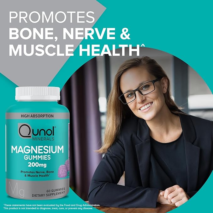 Qunol Magnesium Gummies for Adults Qunol 200mg Magnesium Citrate Gummies High Absorption Magnesium Supplement Supports Nerve Health Bone Health Muscle Health Vegetarian 60 Count Pack of 2