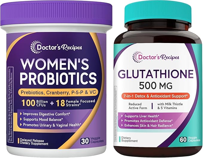 Doctor's Recipes Women's Wellness Pair: Glutathione with Milk Thistle + 100B Probiotic with Cranberry for Vaginal &amp Urinary Health