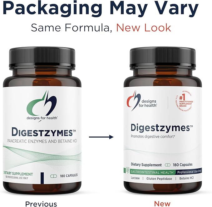 Designs for Health Digestzymes - Digestive Enzymes + Betaine Hydrochloride for Gas &amp Bloating Relief - Pepsin Ox Bile Lactase Enzyme &amp Lipase Enzymes for Digestion (180 Capsules)