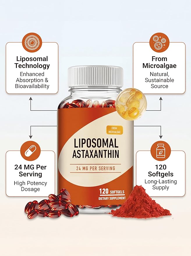 NAO Liposomal Astaxanthin 24mg Supplement – 120 Softgels – with Phosphatidylcholine for Absorption – Supports Skin HealthAnti-Age Visual Performance &amp Cellular Health – Non-GMO
