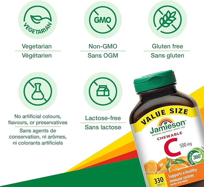 Jamieson Chewable Vitamin-C 500mg Value Supplement Pack(330 Count) Tangy Orange (Imported from Canada)