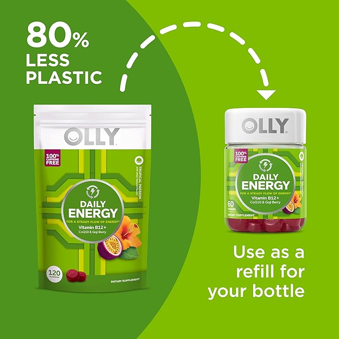 OLLY Daily Energy Gummy Caffeine Free Vitamin B12 CoQ10 Goji Berry Adult Chewable Supplement Tropical Flavor - 120 Count Pouch