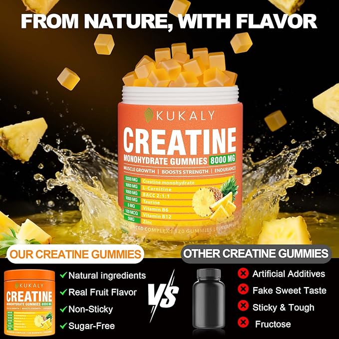 KUKALY Creatine Monohydrate Gummies for Men &amp Women 8500MG Creatine Gummies Sugar Free Pineapple Flavored with L-Taurine BCAA 2:1 B12 B6 for Boost Strength Focus &amp Endurance Vegan Non-GMO