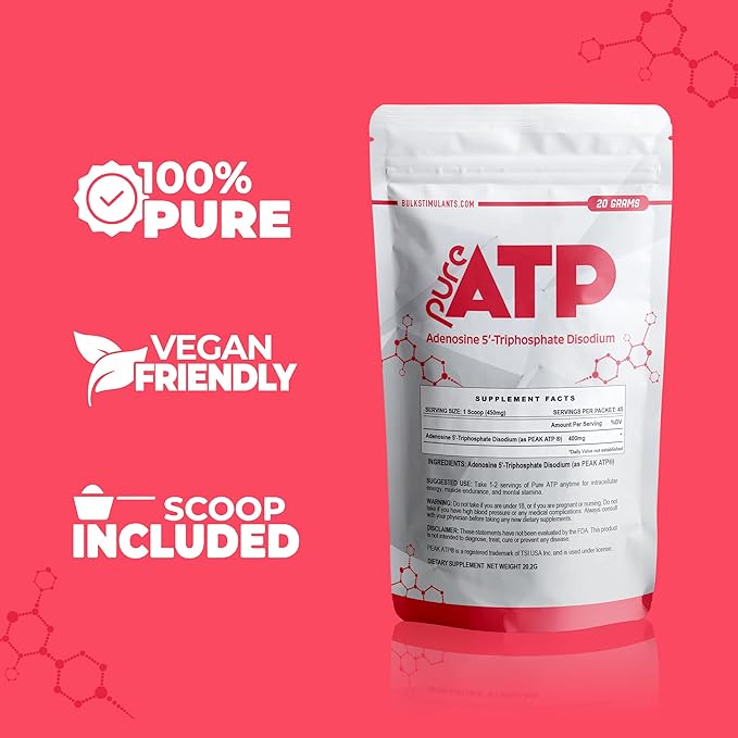 BulkStimulants Pure ATP Adenosine Triphosphate Powder - Increase Energy Endurance Strength Recovery &amp Muscle Pump Faster Than Creatine HMB &amp Nitric Oxide Natural Pre Workout Supplement -