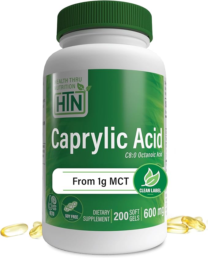 Health Thru Nutrition Caprylic Acid 600mg 200 Softgels | C8 Octanoic Acid from Pure 1g MCT Oil | Non-GMO &amp Soy Free | Support Healthy Digestive and Intestinal Health | Keto Friendly