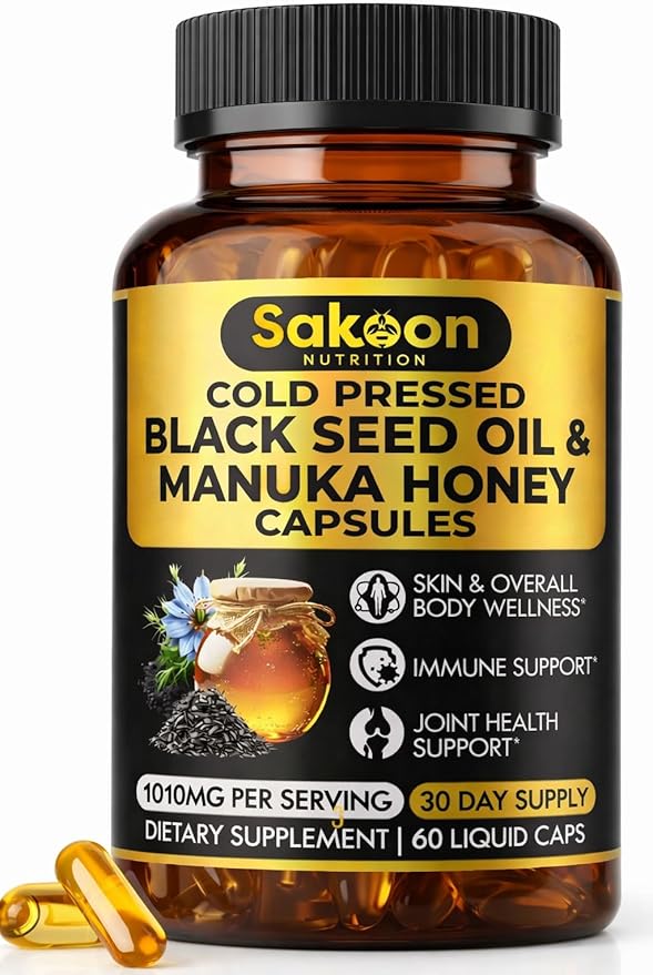 Black Seed Oil Capsules - With New Zealand Manuka Honey Cold Pressed Turkish Nigella Sativa Oil 2% Thymoquinone Immune &amp Digestive Support Made in USA 60 Count 1010mg per serving