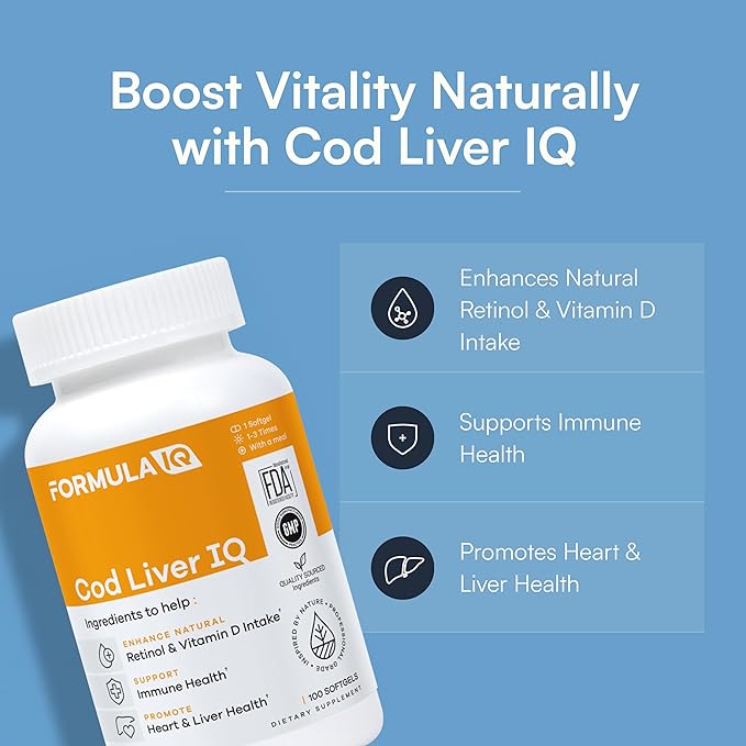 Formula IQ - Cod Liver IQ - Cod Liver Oil Softgels - Natural Source of Vitamins A &amp D and Omega-3 Fatty Acids - Heart Liver &amp Immune Health - 100 Softgels