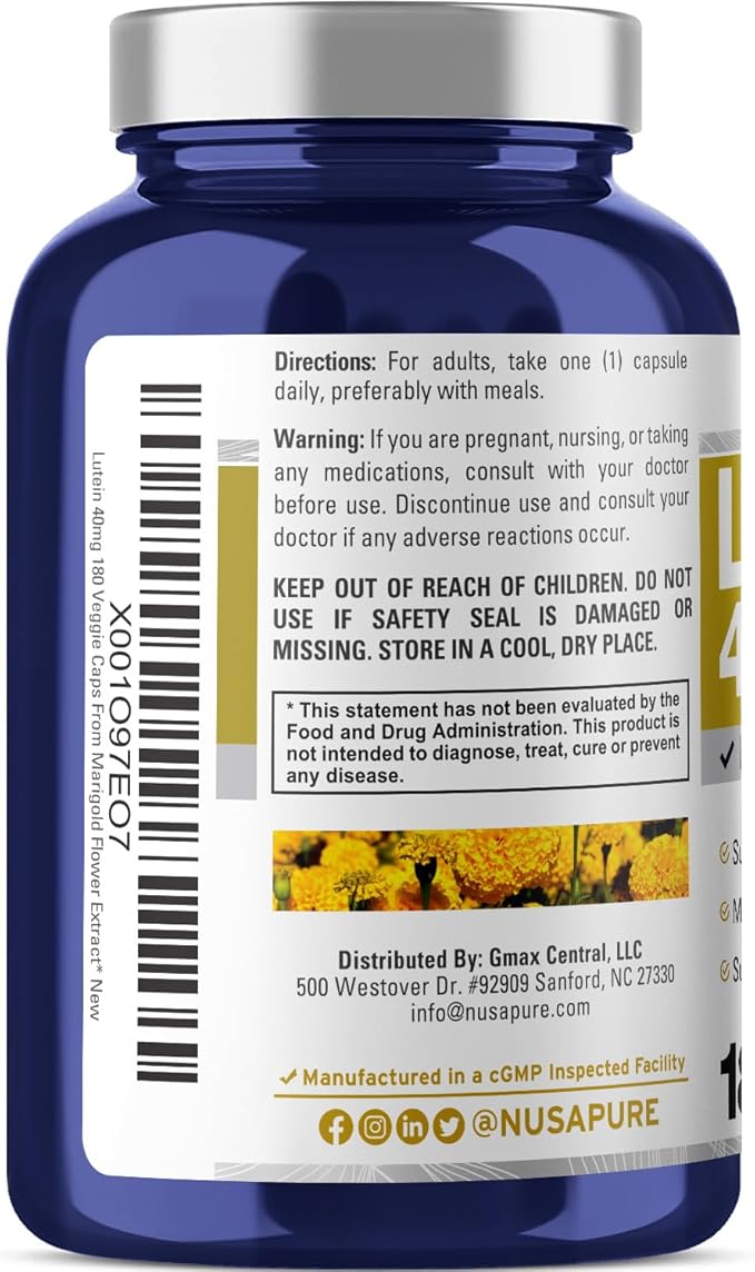 NusasPure Lutein - Suitable for Vegetarian/Vegan Non - GMO - 40 mg - 180 Capsules