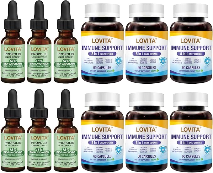 LOVITA Ultimate Stock Up Bundle - 6 Propolis Liquid &amp 6 Immune 8-in-1 Daily Defense Max Strength Support (12 Pc)
