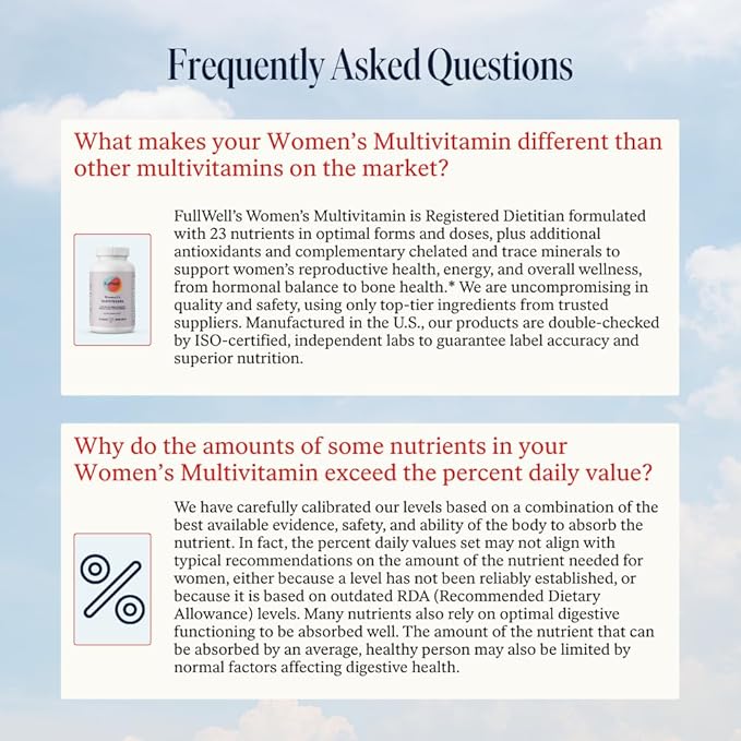 FullWell Women's Multivitamin - Daily Multivitamin for Reproductive Health - Supports Future Fertility Hormone Balance &amp Overall Wellness - Antioxidant Blend - CoQ10 &amp PQQ - 90 Count (30 Serv