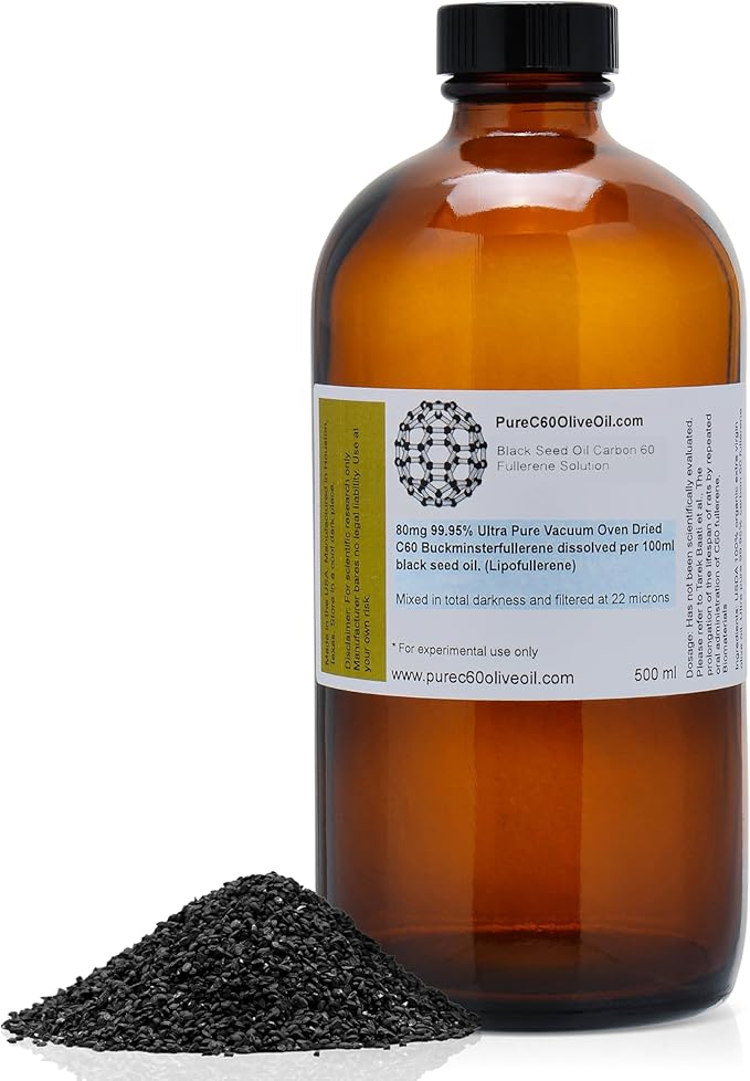 C60 Organic Black Seed Oil 500ml / 16.9 Fl Oz - 99.95% Carbon 60 Solvent Free 400mg - Amber Glass Bottle - Carbon 60 Black Seed Oil - from The Leading Global Producer