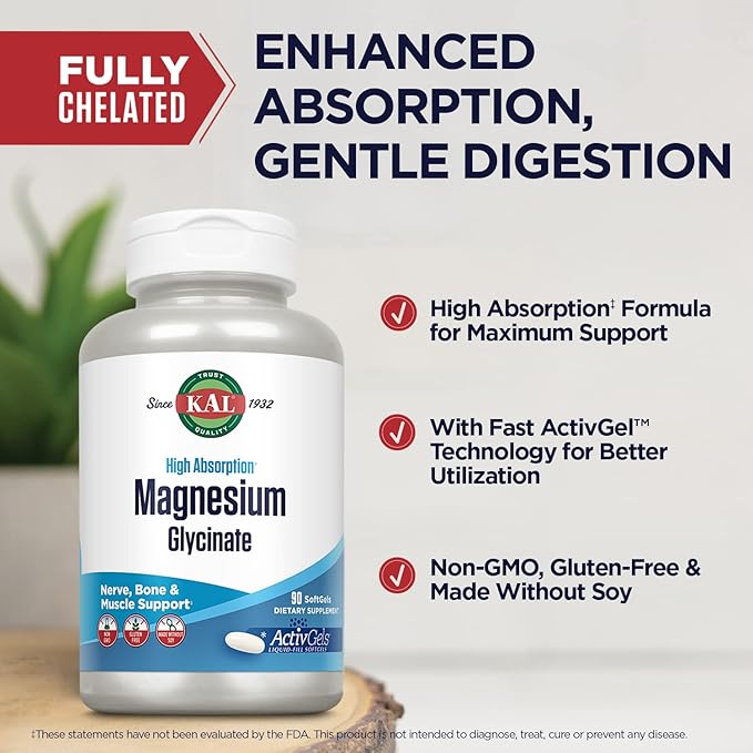KAL Magnesium Glycinate ActivGels 315mg High Absorption Magnesium Supplement for Muscle Nerve &amp Bone Health Support Non-GMO Gluten Free 30 Servings 90 Softgels