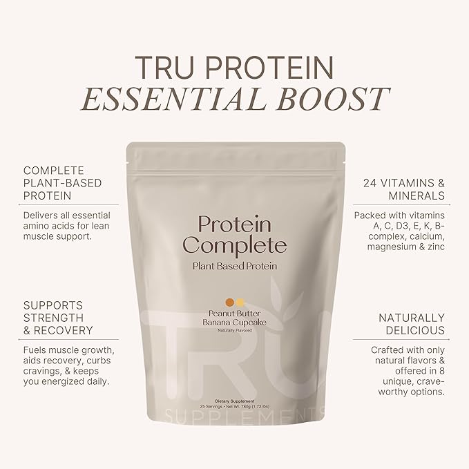 TRU Plant Based Protein Powder BCAA EAA 20g Vegan Brown Rice &amp Pea Protein 100 Calories 27 Vitamins No Artificial Flavors 25 Servings (Peanut Butter Banana Cupcake)