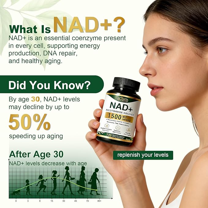 NAD+ Supplement 1500mg NR NMN Replacement with Resveratrol Urolithin A CoQ10 &amp Quercetin - NAD Plus for Cellular Energy Healthy Aging &amp Stamina for Women &amp Men - 120 Capsules -2pcs