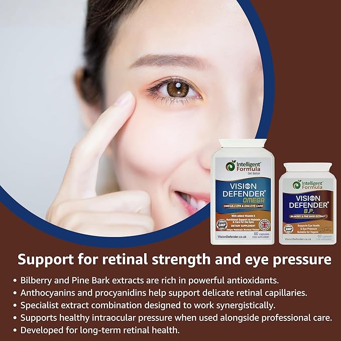 Vision Defender BP and Vision Defender Omega Eye Care Bundle – Eye Supplements to Support Eye Health with Bilberry Pine Bark Omega-3 Fish Oil (EPA DHA) Vitamin E. Made in UK by Eye Specialists