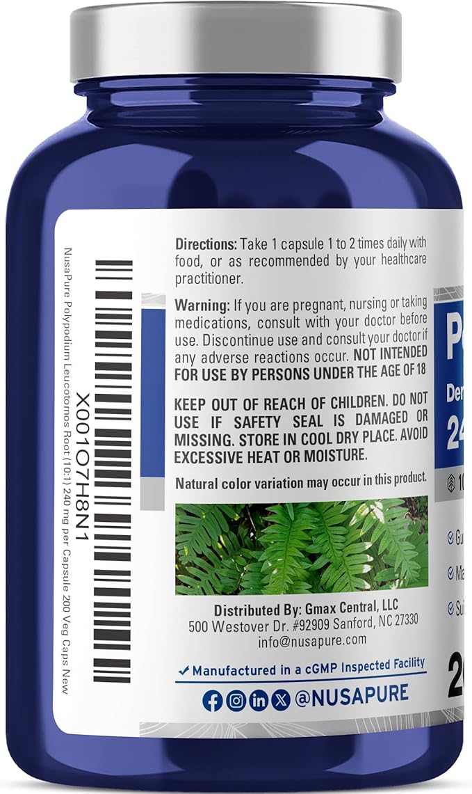 NusaPure Polypodium Leucotomos Capsules 240 mg 200 Veg Capsules (Non-GMO Vegan)