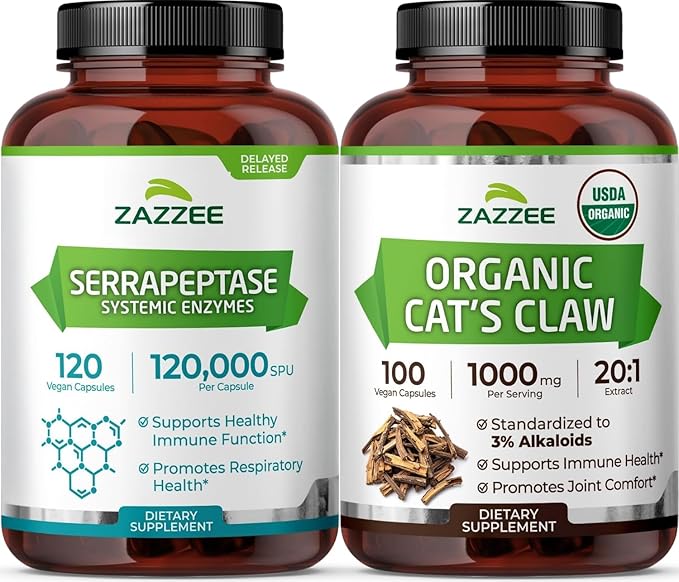 Zazzee Organic Seasonal Wellness Bundle | Organic Cat’s Claw 20:1 Extract Plus Serrapeptase Enzyme Capsules | Non-GMO Vegan &amp ISO Lab Tested