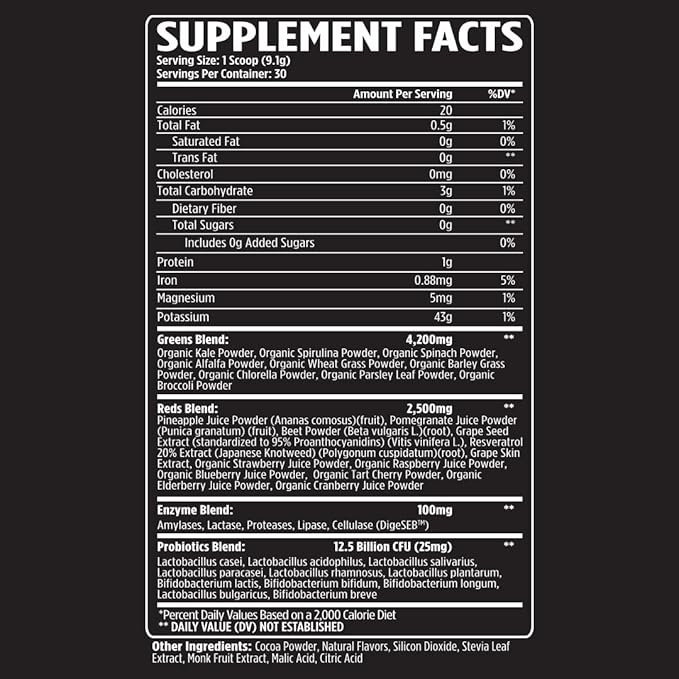 VMI Sports Greens + Reds Advanced Superfood Immunity and Gut Health | Enzymes &amp Probiotics | 30 Servings (Chocolate)