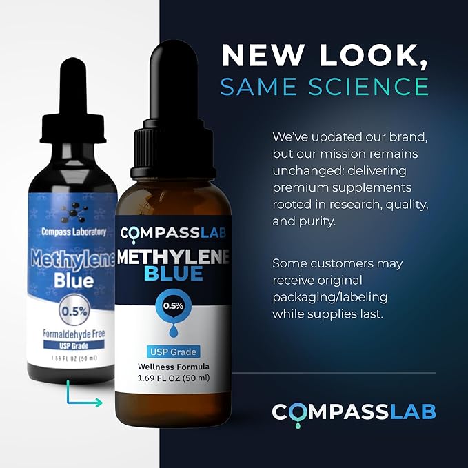 COMPASS LABORATORY Methylene Blue Pharmaceutical Grade USP Grade Third-Party Tested Dietary Supplement for Humans No Formaldehyde Made in USA (0.5% 50ml Bottle)