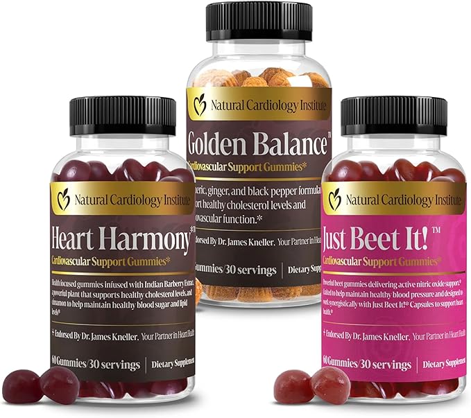 Natural Cardiology Institute 1-2-3 Pressure Down Trio Bundle – Doctor-Formulated Cardiovascular Support System with Just Beet It! Golden Balance &amp Heart Harmony Gummies
