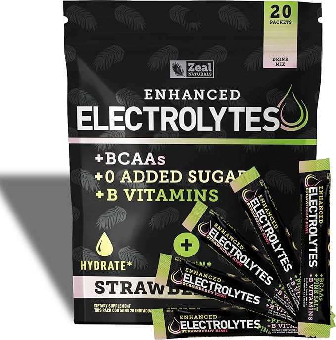 Enhanced Electrolyte Powder Stick Packs (Strawberry Kiwi | 20 Packets) w/ 0 Sugar +BCAAs +B-Vitamins Electrolyte Supplement w Potassium Zinc &amp Magnesium for Hydration - Keto Electrolytes
