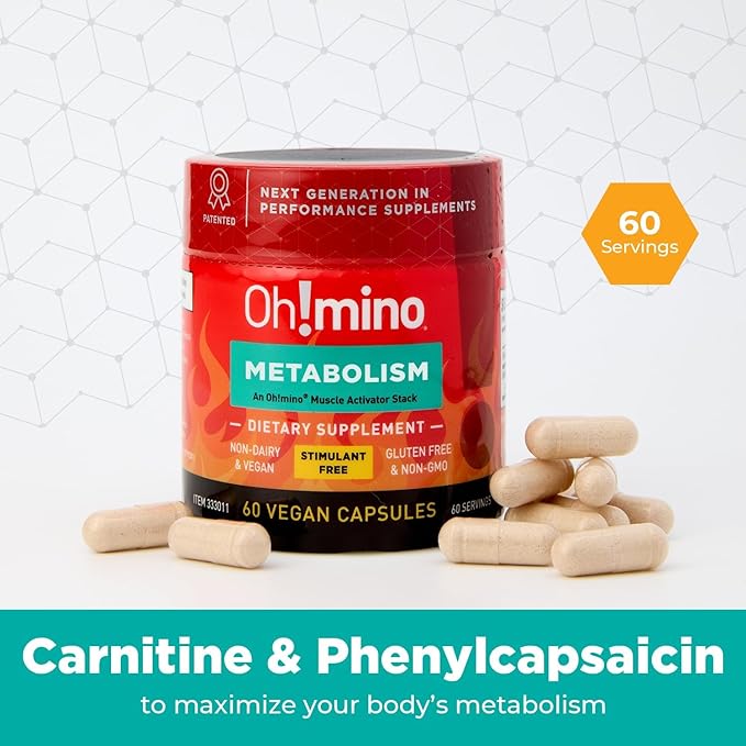 Oh!mino Metabolism Support Supplement for Efficient Fat to Energy Conversion w/L-Carnitine Phenylcapsaicin &amp Vitamin B3 - Non-Jitters Stimulant-Free Vegan Non-Dairy Capsules (60 Servings)
