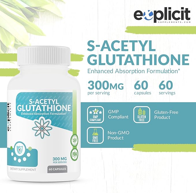 eXplicit Supplements S-Acetyl Glutathione SAG 300mg Per Dose Acid-Resistant Caps Made in The USA - 60 Capsules