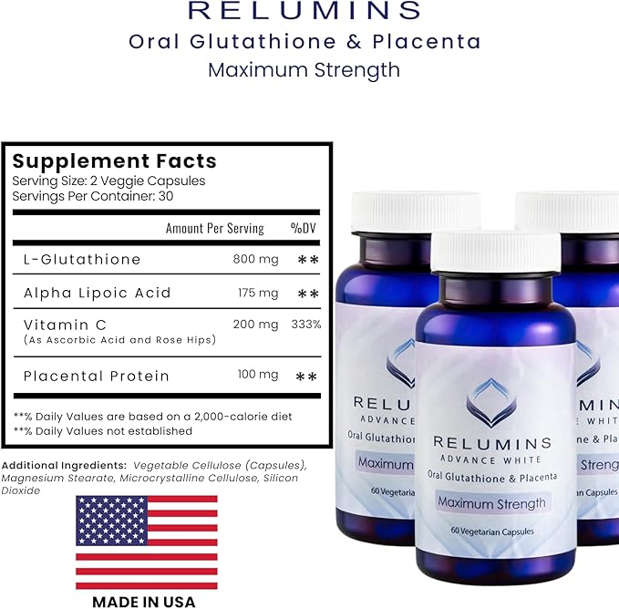 Relumins Advanced White Glutathione Capsules - Max Strength Brightening Supplement with ALA Placenta Rose HIPS &amp Vitamin C - Fights Oxidative Stress Supports Collagen &amp Made in USA - 3 Bott