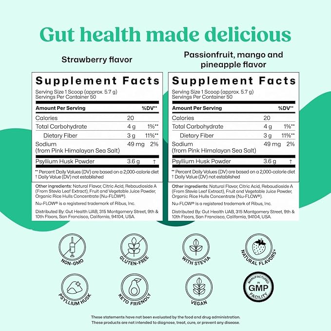 ColonBroom Psyllium Husk Powder - Colon Cleanse for Bloating Relief &amp Gut Health - Fiber Powder Drink - Easy to Mix - Vegan Gluten Free Non-GMO - Strawberry &amp Tropical Fruits (2 Pack)
