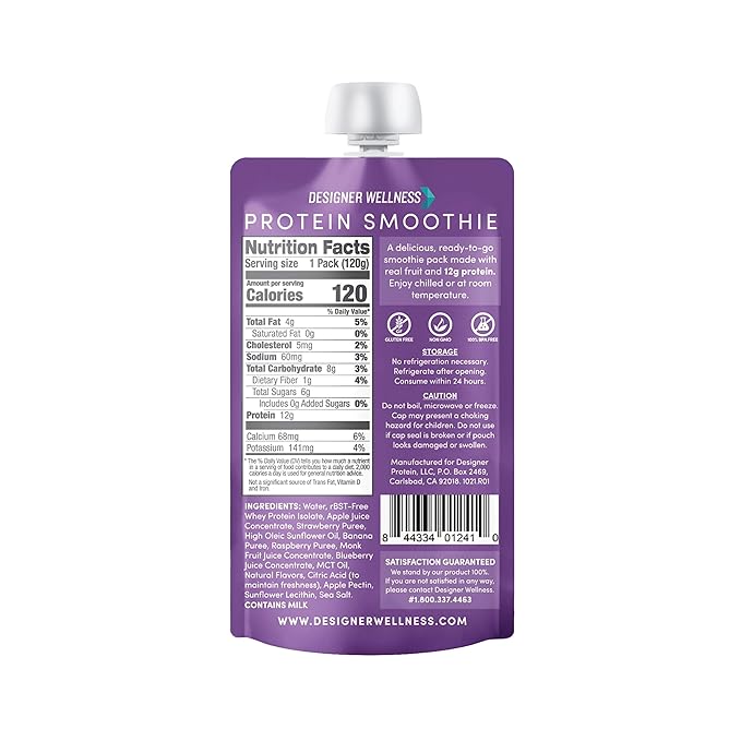 Designer Wellness Protein Smoothie Real Fruit 12g Protein Low Carb Zero Added Sugar Gluten-Free Non-GMO No Artificial Colors or Flavors Mixed Berry 12 Count