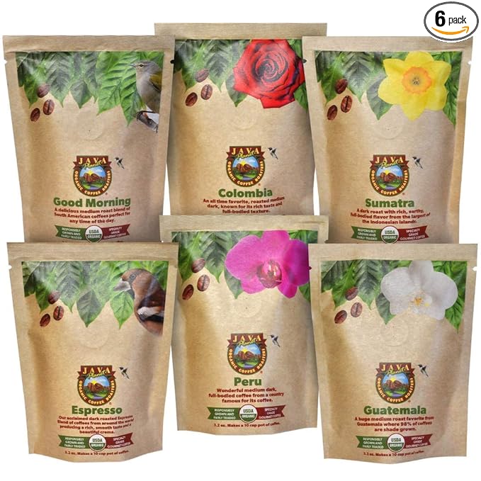 Java Planet Coffee Gift Basket Sampler Set for Coffee Lovers: Low Acid Organic Beans: Whole Bean Mold-Free &amp Stomach Friendly - Arabica Gourmet 1.32 LBs (19.2 oz) packaged in 6 Bags Each 3.2 o