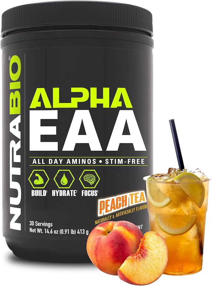 NutraBio Alpha EAA - All-Day Amino Acids for Muscle Growth and Hydration - Essential Amino Acids with Nootropics &amp Adaptogens- Full Spectrum EAA BCAA Powder - 30 Servings - Peach Tea