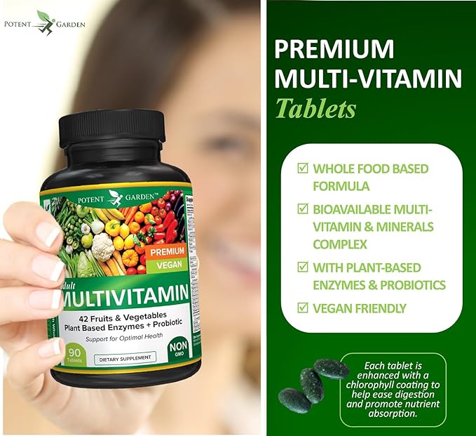 Potent Garden Multivitamin for Men &amp Women – 42 Fruits &amp Vegetables Probiotics &amp Enzymes Daily Whole Food Supplement for Energy Immune Support &amp Digestion Non-GMO 90 Tablets