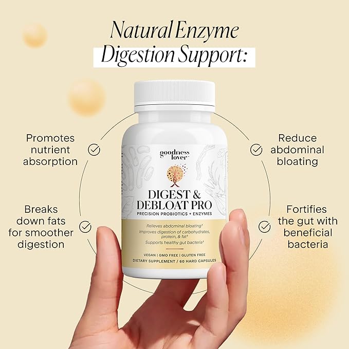 Goodness Lover Digest &amp Debloat Pro Natural Digestive Enzymes Probiotics for Bloating Relief and Gas Relief Probiotic Supplement for Women and Men Vegan Non-GMO 90 Capsules