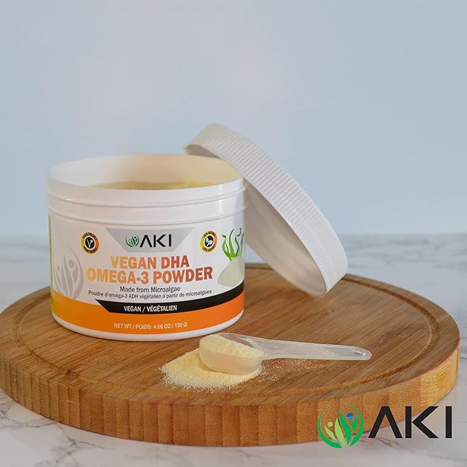 AKI Omega 3 DHA Micro Algae Powder Supplements - Plant Based Keto Vitamin - Alternative to Fish or Krill Oil - Vegan &amp Non-GMO (4.58oz/130g)